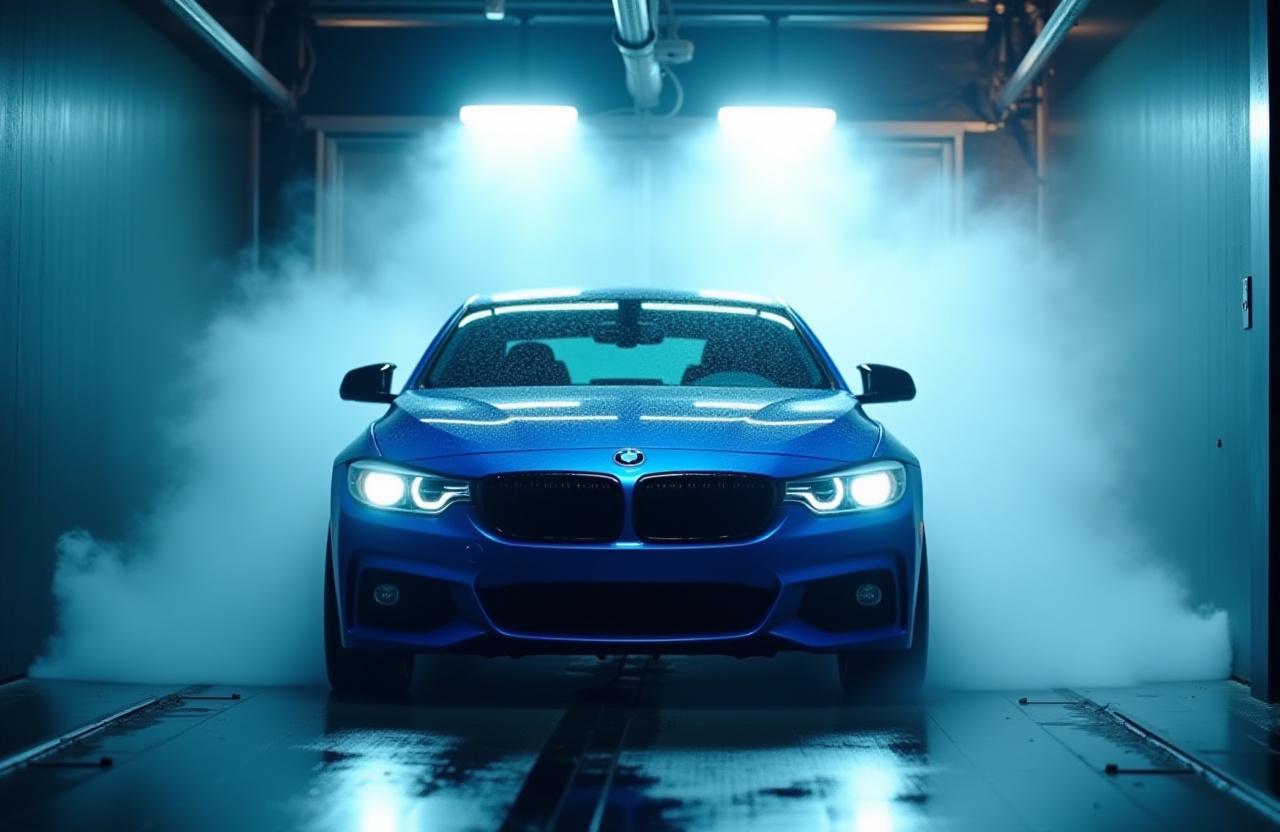 En skinnende ren blå bil der kører ud af en moderne vaskehal i København